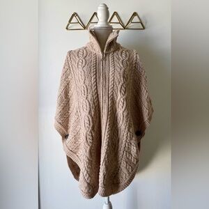 Inis Crafts women's 100% merino wool cable knit zip up turtleneck sweater cape